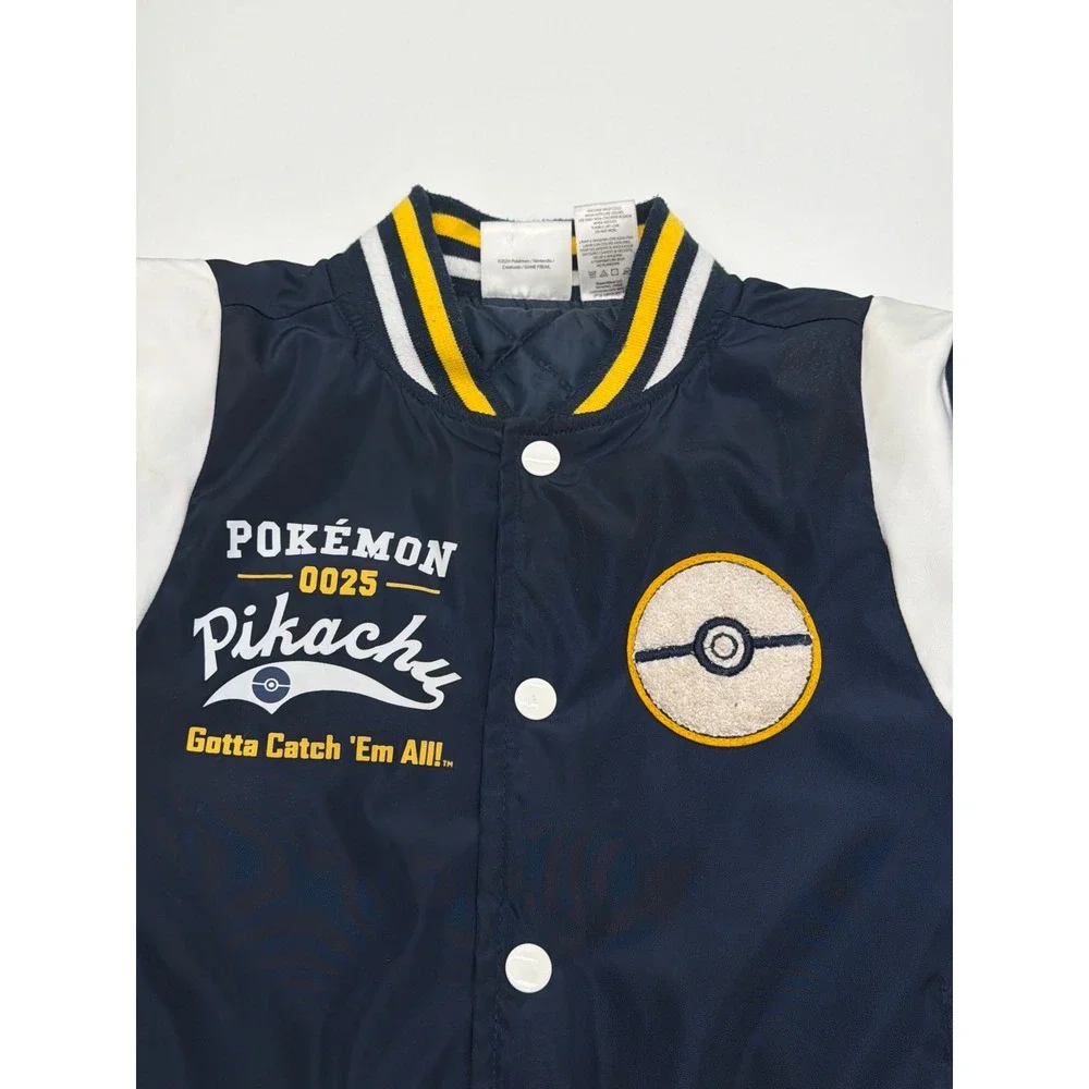 Pokemon‎ Pikachu Kids Varsity Bomber Jacket Navy Blue Snap Front Quilted Small